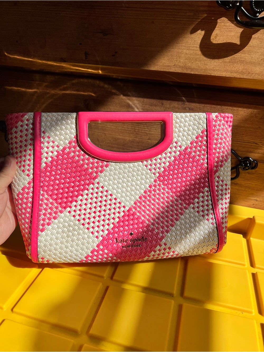 kate spade clutch pink and cream woven top-handle crossbody